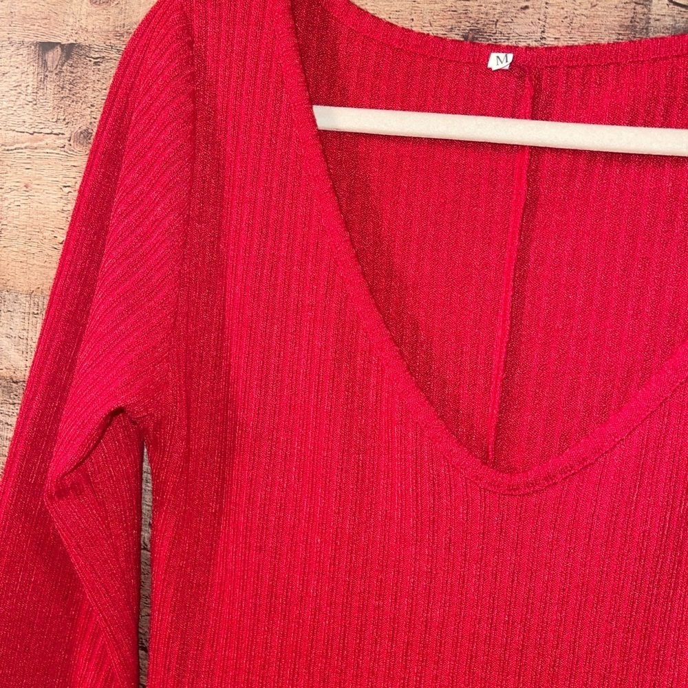 Classic Bombshell Red Ribbed Sweater Dress - Picture 2 of 5